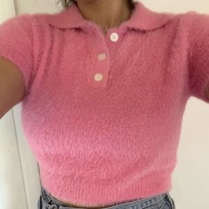 Pink Fuzzy Short Sleeve Top w Collar